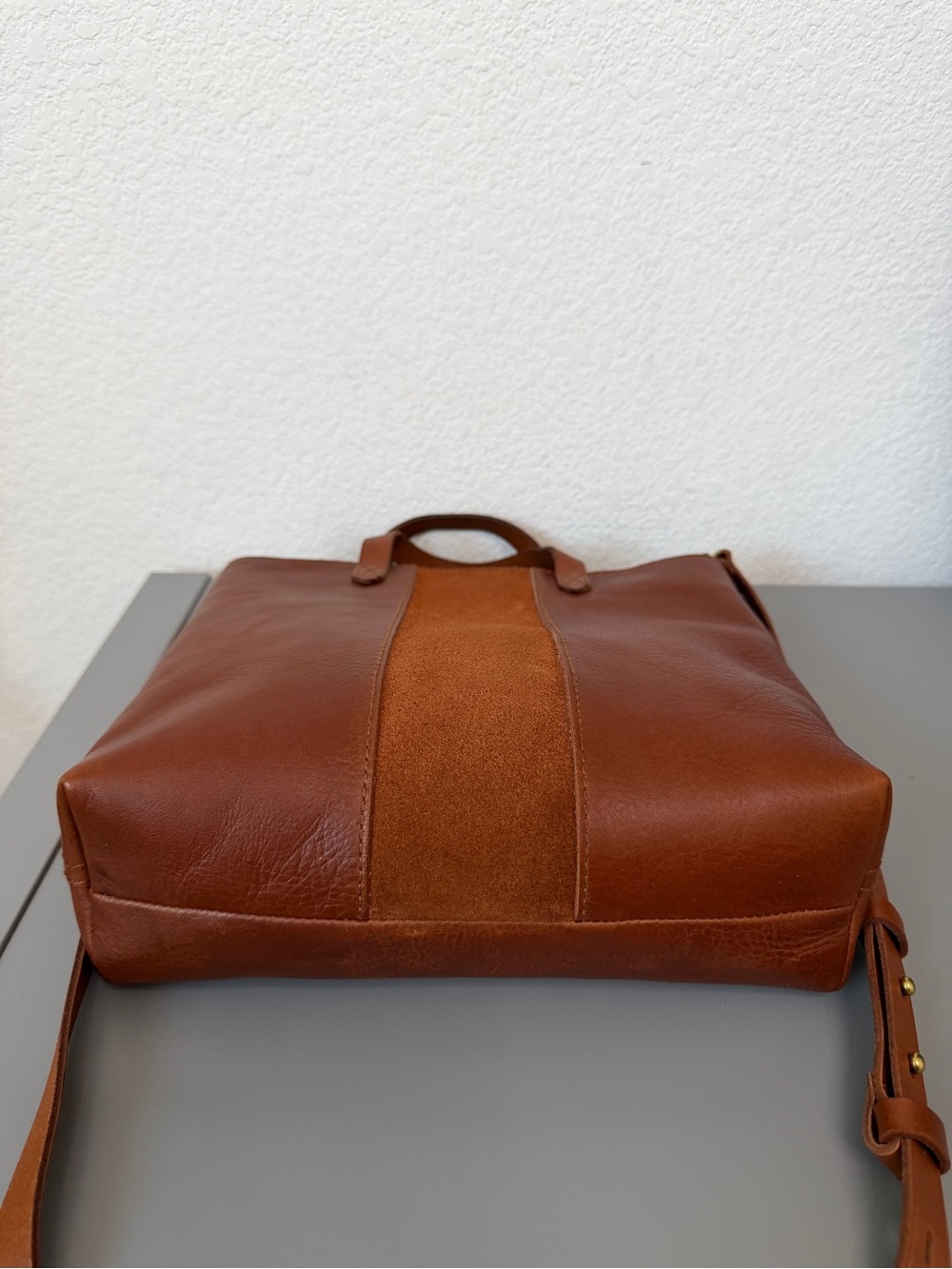 Madewell Transport Leather Crossbody Small Tote with Suede Vertical Stripe - Picture 4 of 9